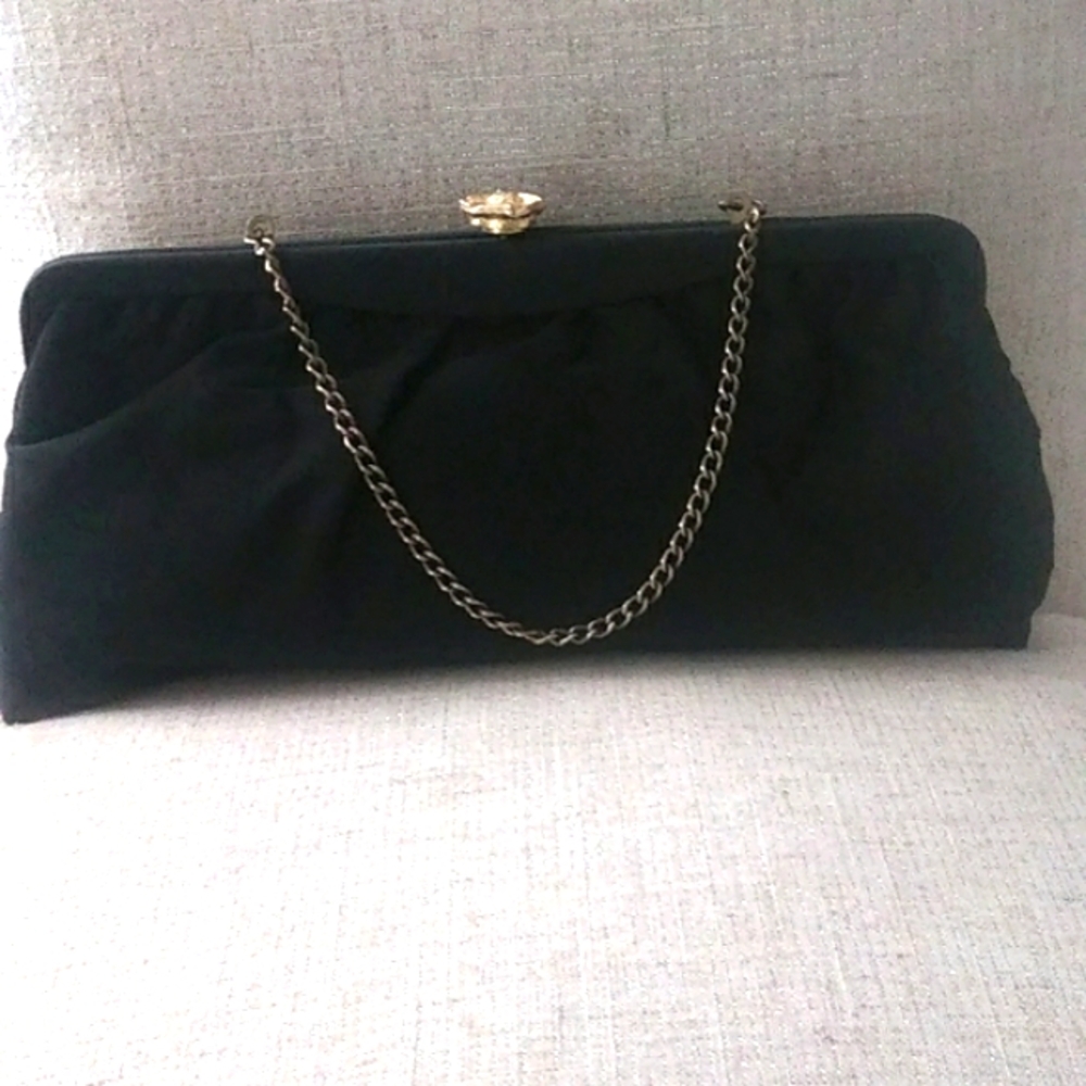 VINTAGE BLACK SILK PURSE/CLUTCH BAG WITH CHAIN INSIDE.